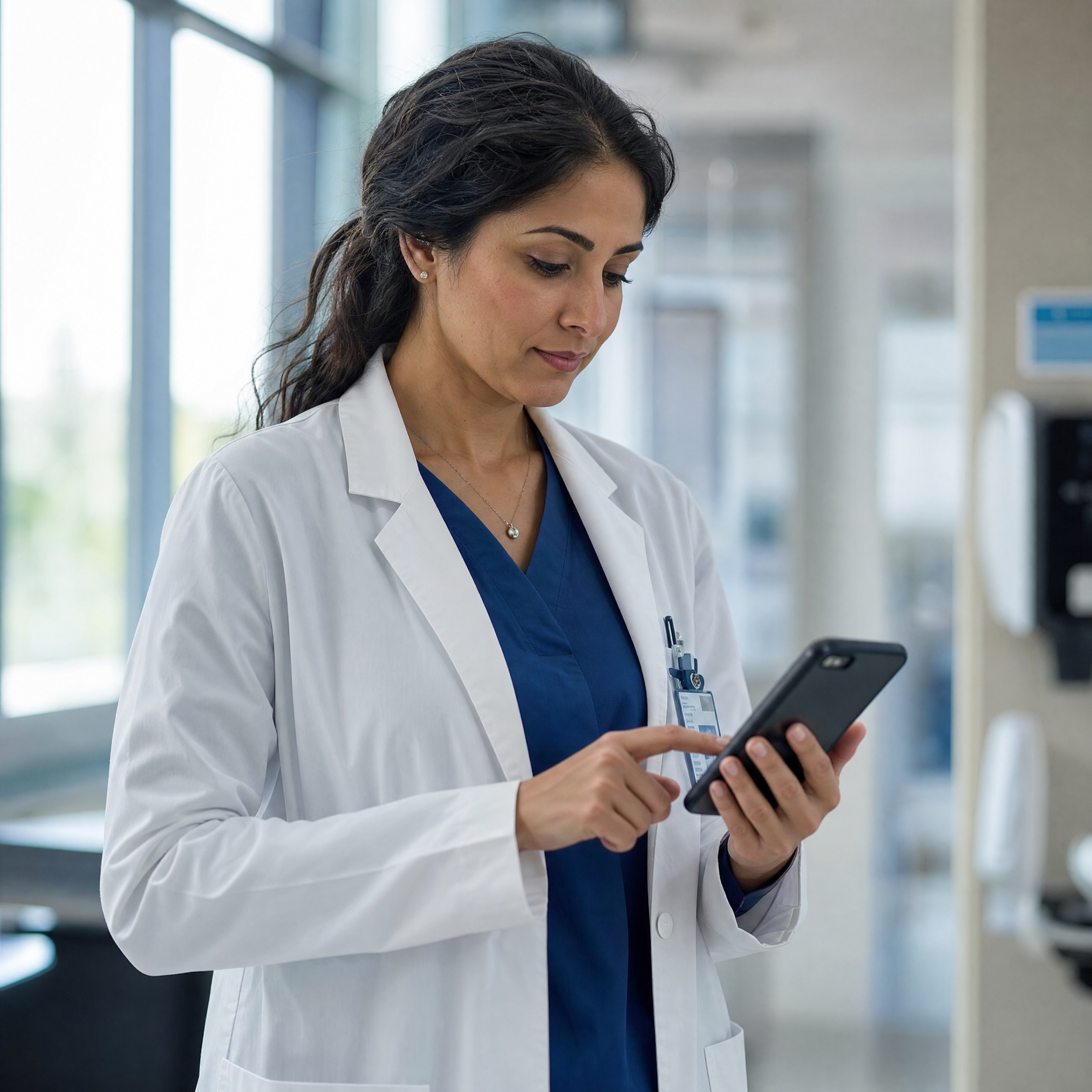 A clinician in a white coat using a smartphone in a hospital corridor.